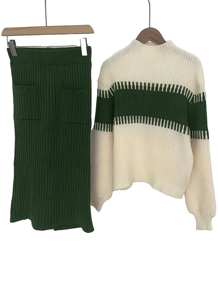 Elegante winterset voor dames: ribgebreide trui met rok, comfortabel.