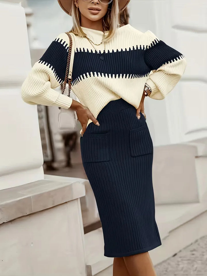 Ribgebreide dames winter kledingset, met lange mouwen trui en rok.