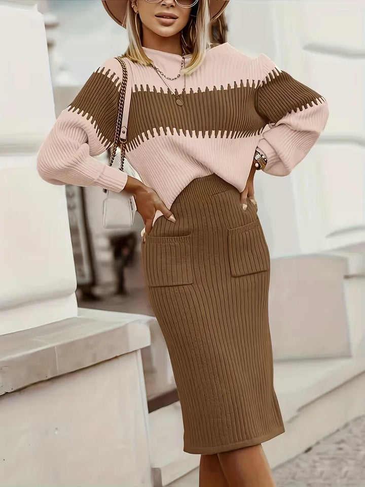 Smart casual dames tweedelige set, ribgebreid, met trui en rok.