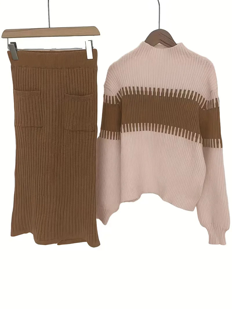 Warme dames ribgebreide winter set, bestaande uit trui met lange mouwen en rok.
