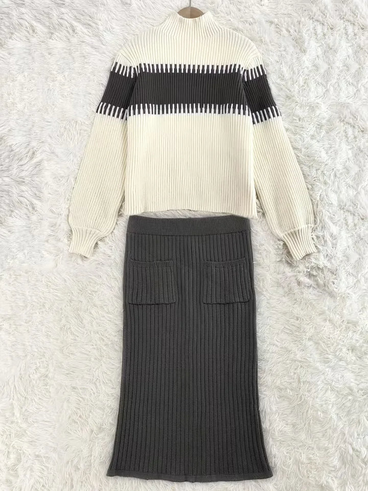 Elegante dames smart casual outfit: ribgebreide trui & rok set.