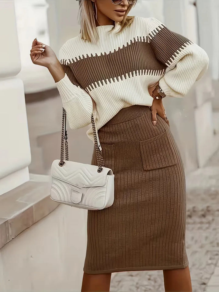 Comfortabele tweedelige set voor dames, ribgebreid, perfect voor smart casual.