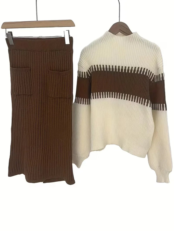 Ribgebreide dames rok-trui set met lange mouwen, elegant voor de winter.