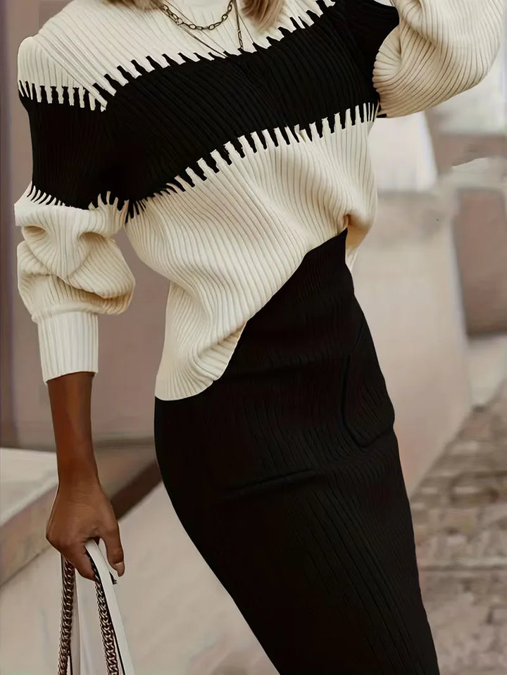 Warme winterse ribgebreide set voor dames, met trui en hoge taille rok.
