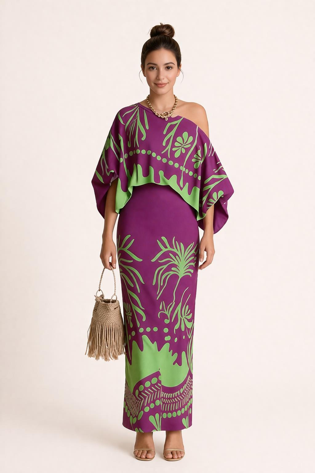Dames rokblouseset met levendige lenteprint in paars/zwart. Comfortabele en elegante outfit voor zomerse dagen.
