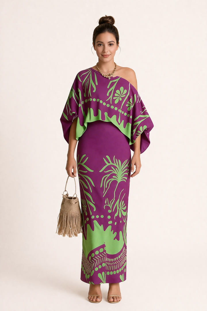 Dames rokblouseset met levendige lenteprint in paars/zwart. Comfortabele en elegante outfit voor zomerse dagen.