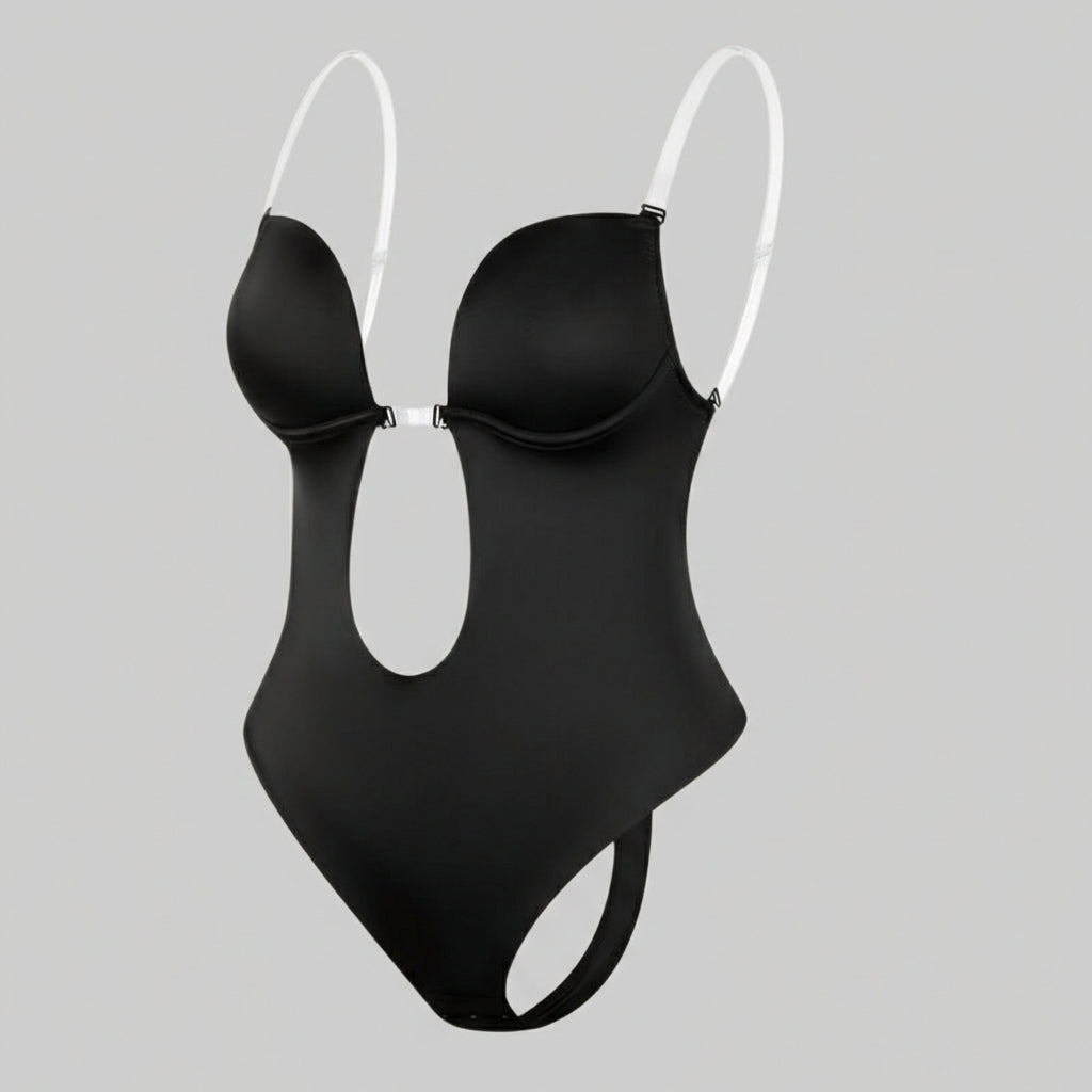 Figuurcorrigerende dames body shaper met diepe V-hals en blote rug, onzichtbaar en ondersteunend.