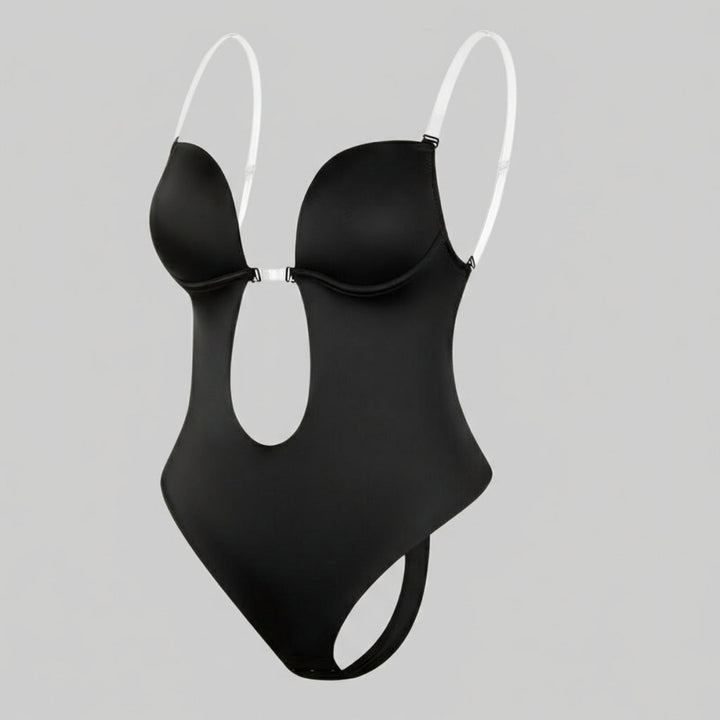 Figuurcorrigerende dames body shaper met diepe V-hals en blote rug, onzichtbaar en ondersteunend.