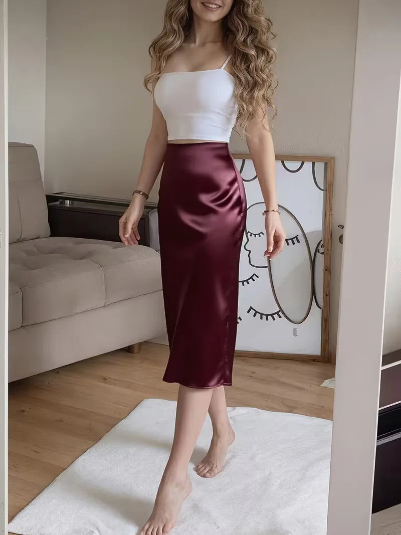 Lente-proof satijnen midi rok met hoge split, dames, voor een frisse en elegante uitstraling.