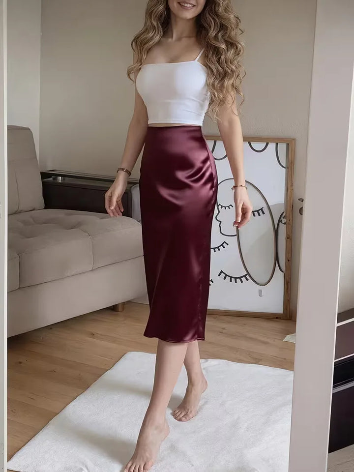 Lente-proof satijnen midi rok met hoge split, dames, voor een frisse en elegante uitstraling.