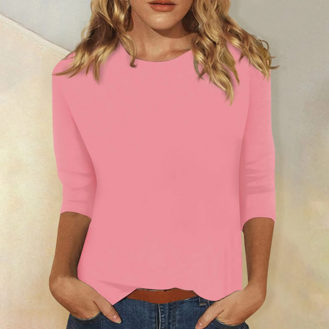 Dames shirt lange mouwen, ronde hals, effen design. Comfortabele basic voor lente & herfst dameskleding.