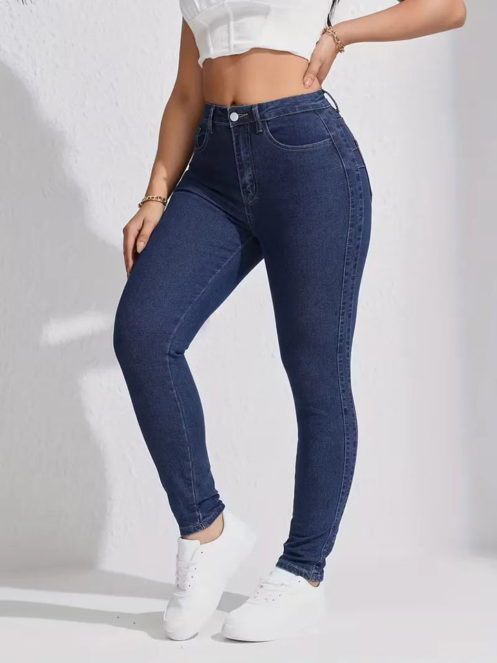 Modieuze dames skinny jeans met hoge taille, donkerblauw, voor een slanke en stijlvolle look.