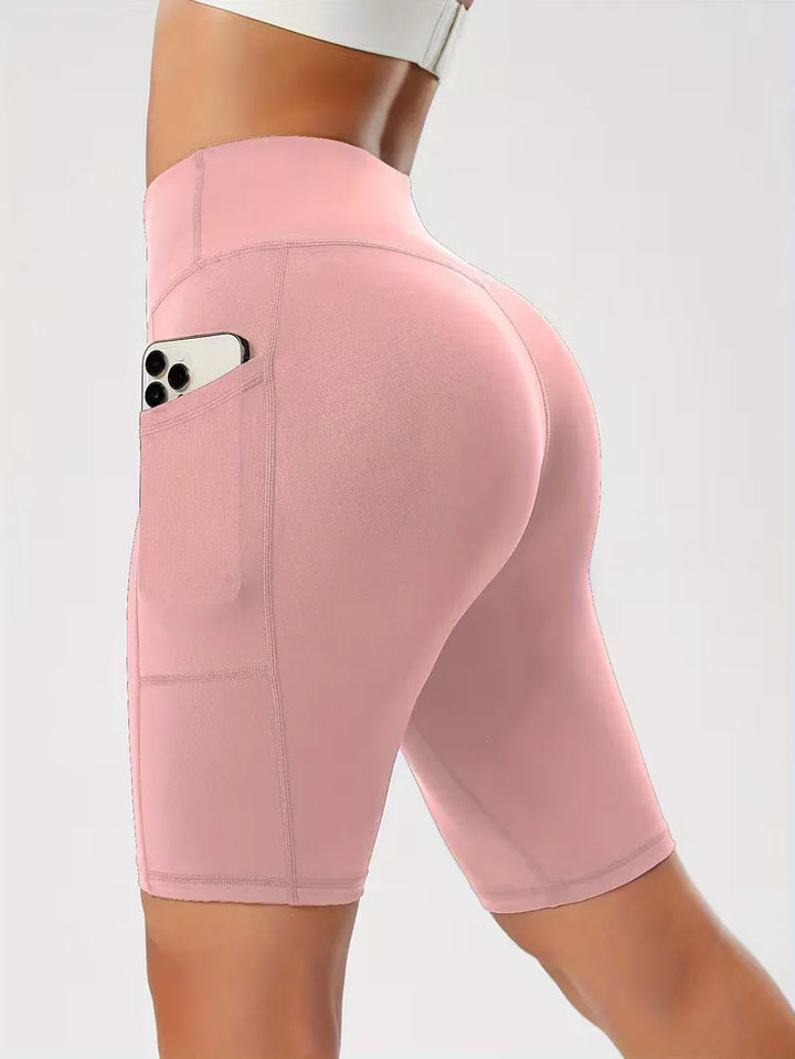 Dames high waist shorts, slim fit, met zakken, ideaal voor wandelen en fitness.