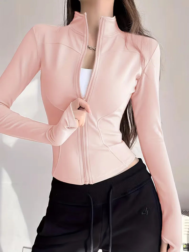 Lente/herfst dames sportjack slim fit met duimgaten, beschermt tegen wind en kou.