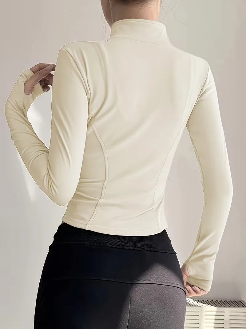 Grijze dames slim fit sportjack, met duimgaten, veelzijdig voor fitness & casual gebruik.