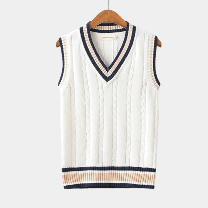Dames sportieve V-hals sweater vest, mouwloos, ideaal voor een casual preppy look.