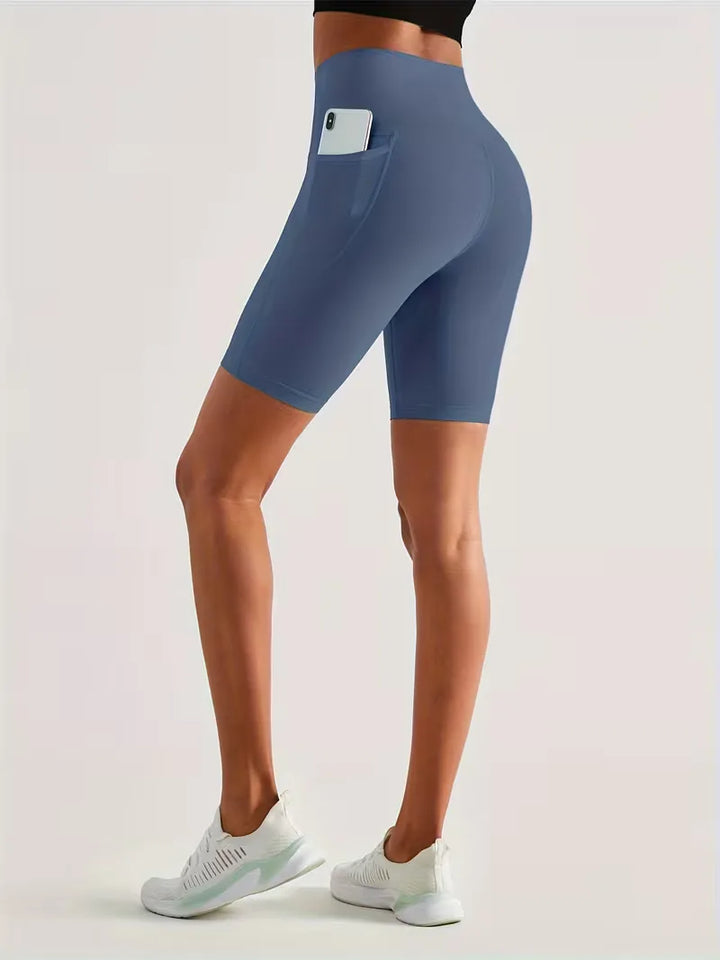Dames workout short, hoge taille met zijzak, ideaal voor sport & ontspanning.