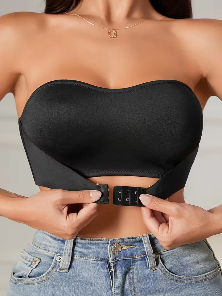 Dames strapless push-up bh met voorsluiting in zwart, ideaal voor onder jurken.