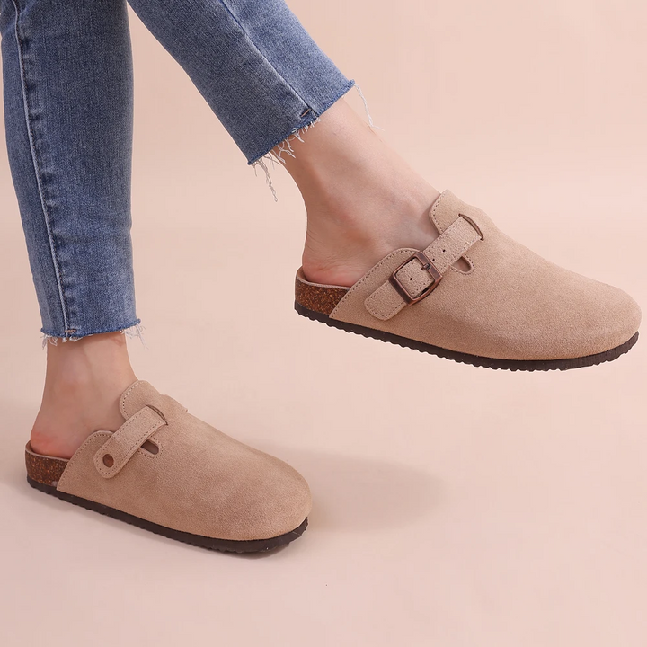 Dames suède kurk slippers, ideaal voor comfortabele zomerse dagen.