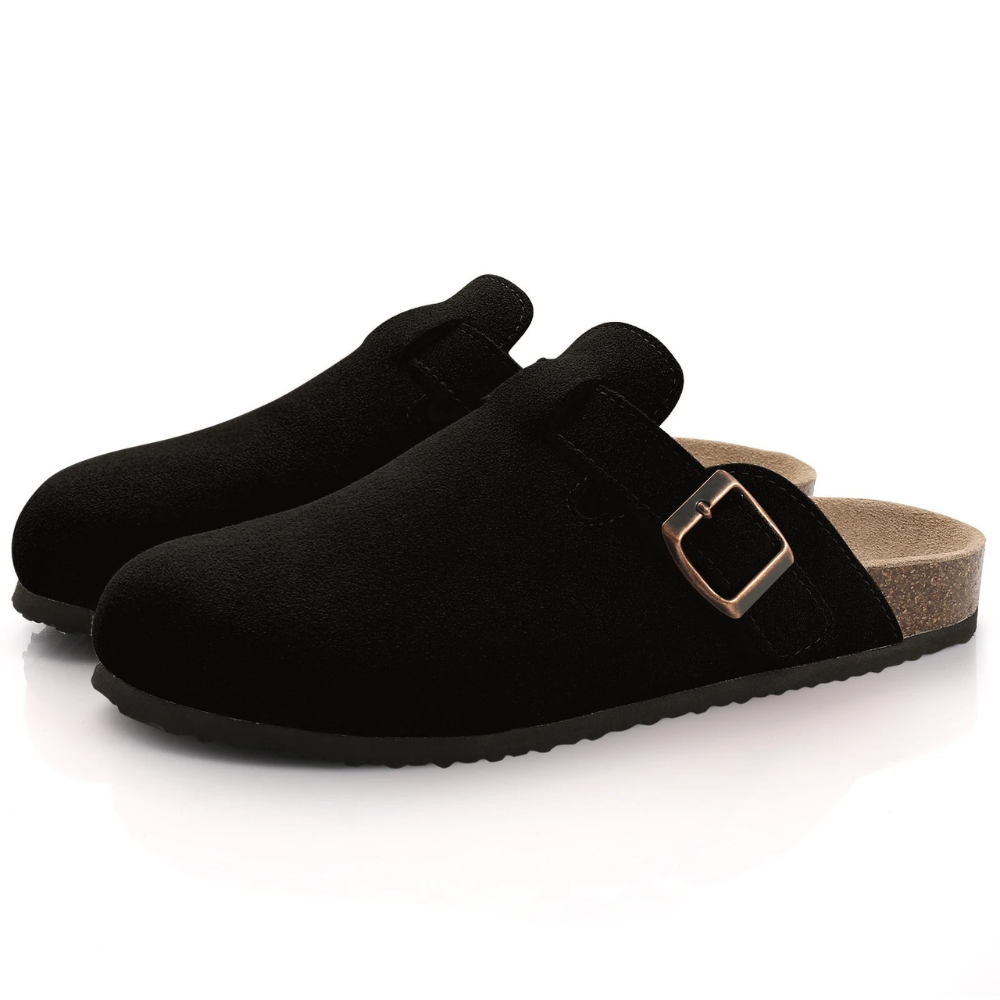 Zachte suède dames slippers met ergonomisch kurk voetbed, perfect voor casual gebruik.