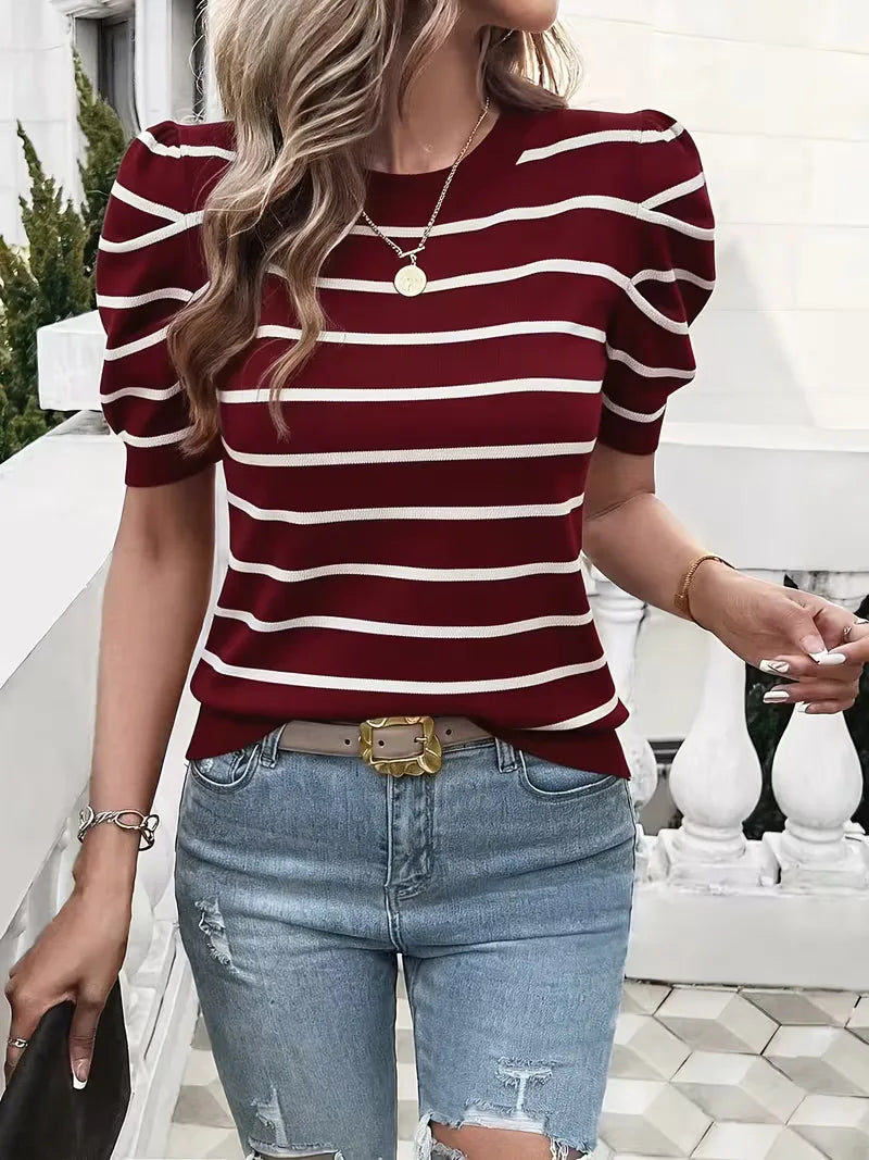 Lente/zomer dames t-shirt: gestreept, met modieuze pofmouwen en comfortabele ronde hals, veelzijdig en elegant.