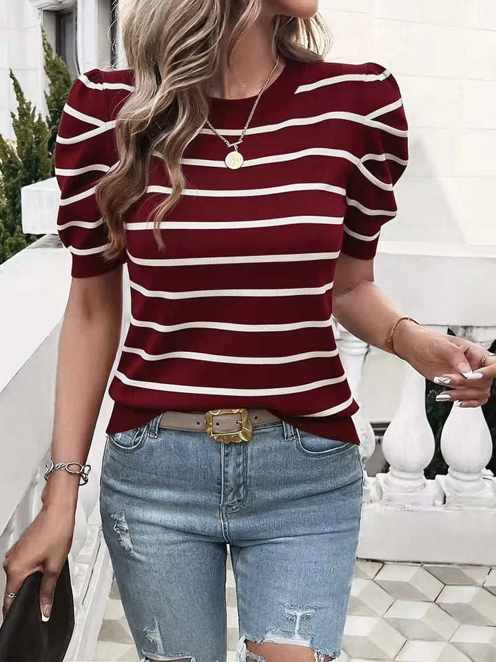 Lente/zomer dames t-shirt: gestreept, met modieuze pofmouwen en comfortabele ronde hals, veelzijdig en elegant.