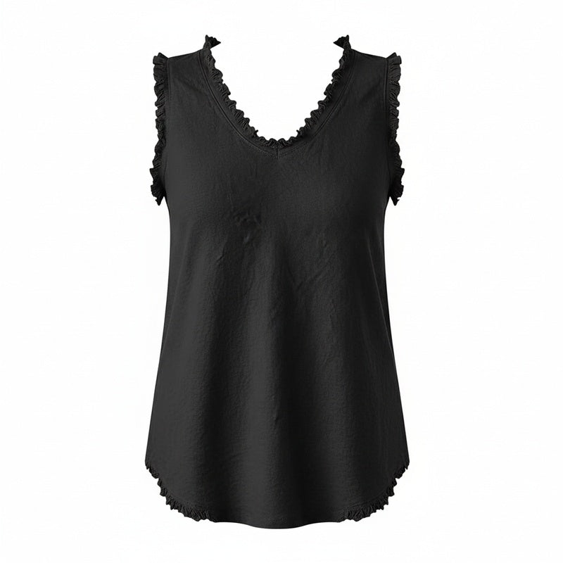 Dames tank top met trendy V-hals en gerafelde randen, perfect voor een casual zomerlook.