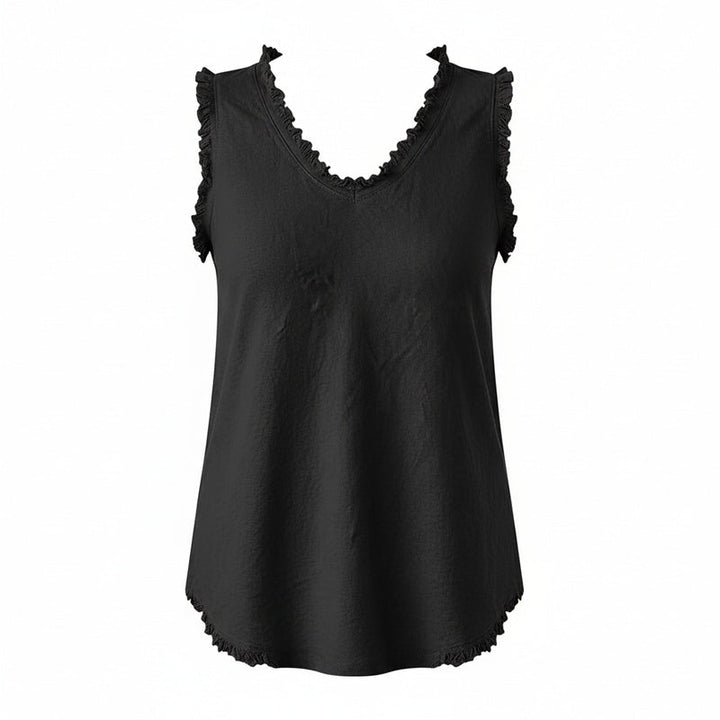 Dames tank top met trendy V-hals en gerafelde randen, perfect voor een casual zomerlook.