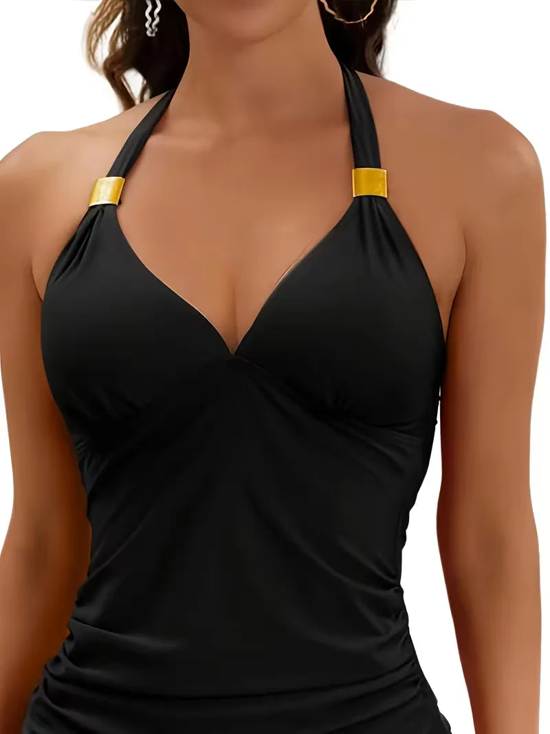 Hoog getailleerde dames tankini met V-hals, perfect voor comfortabel zwemmen. Elegante halternek stijl.
