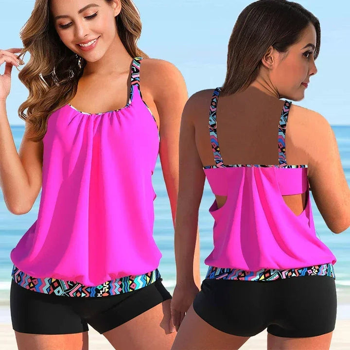 Luxe dames zwemset, bestaande uit een tankini top en boyshort, ontworpen voor strandmode.