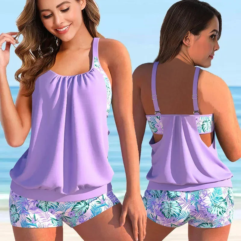 Gedetailleerde weergave van de stof en het patroon van de dames tankini, onderdeel van een zwemset.