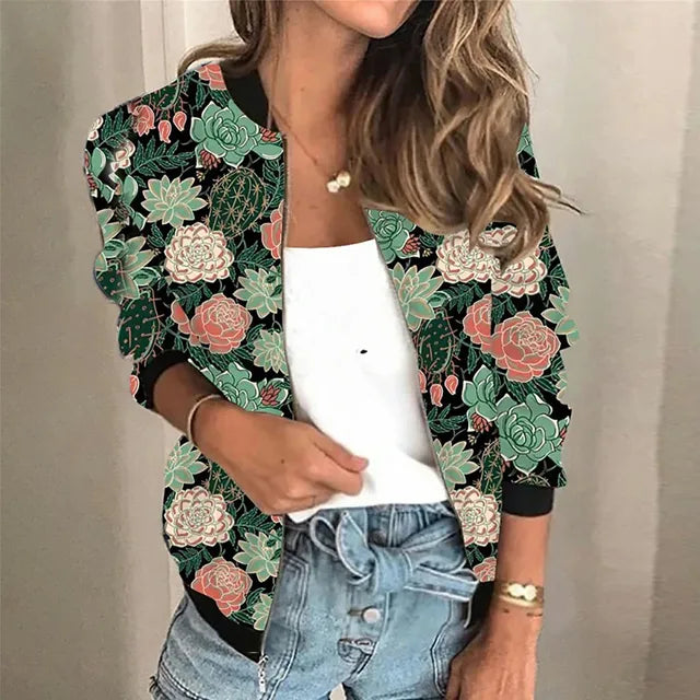 Dames trendy jack met opvallende print, lange mouwen en praktische ritssluiting, ideaal voor casual look.