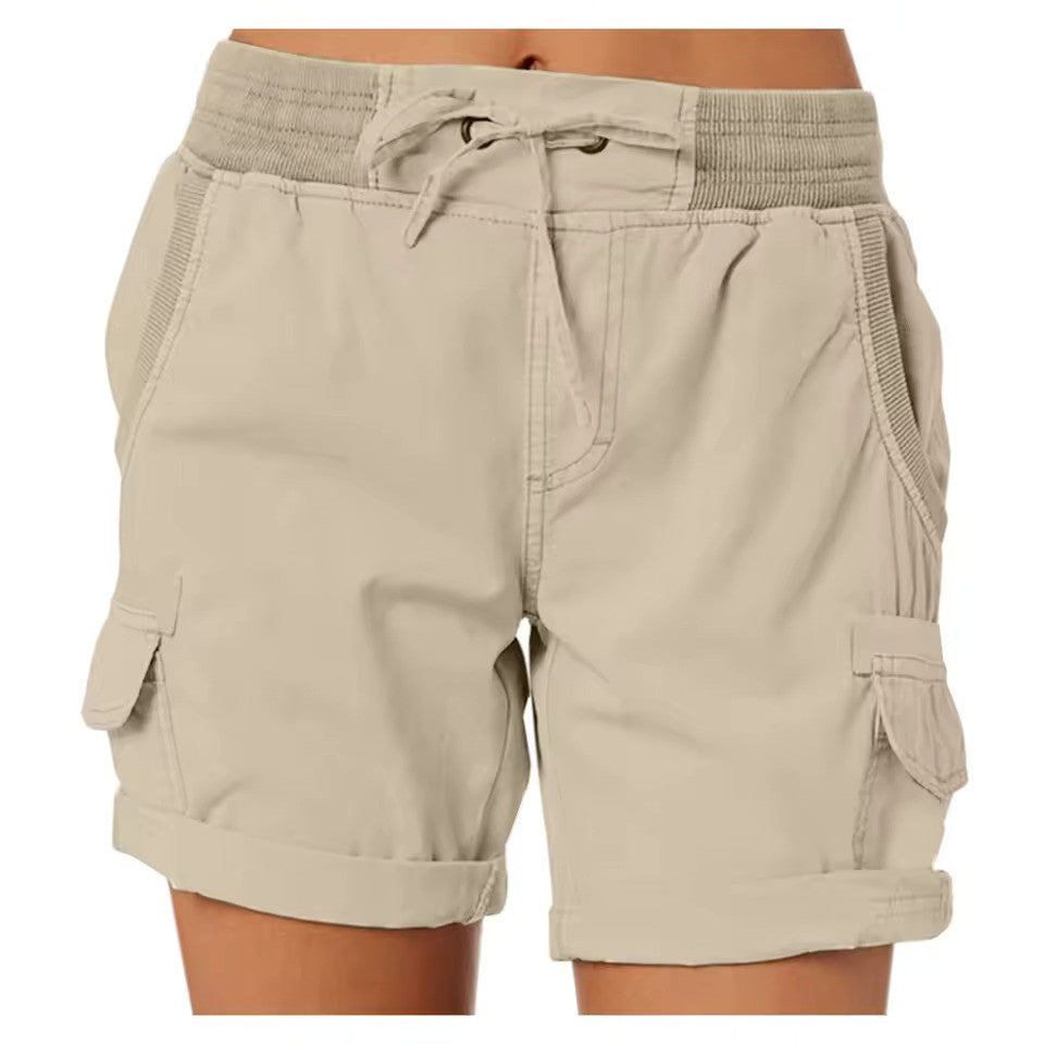 Dames trendy strandshorts Hoymans, lage taille, slim fit katoenmix, model vooraanzicht