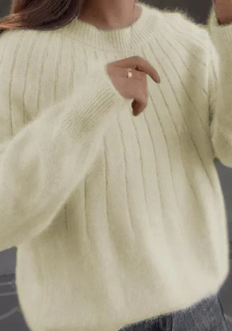Comfortabele dames trui met fluffy textuur, ronde hals; perfect voor lente en herfst mode.