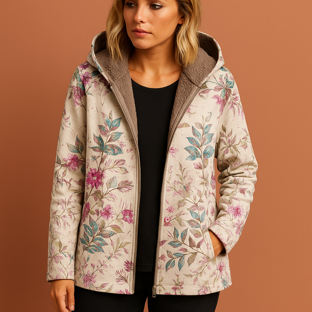 Dames tussenjas met verfijnde bloemenprint, combineert comfort met een elegante look.
