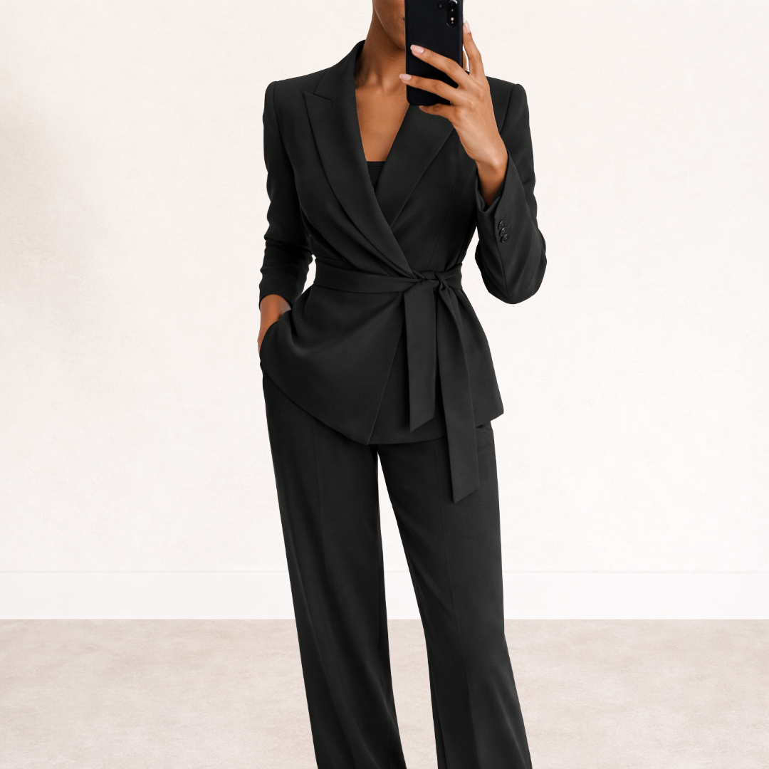 Comfortabele tweedelige dames outfit: brede pantalon en top met strikceintuur. Ideaal voor werk en vrije tijd.