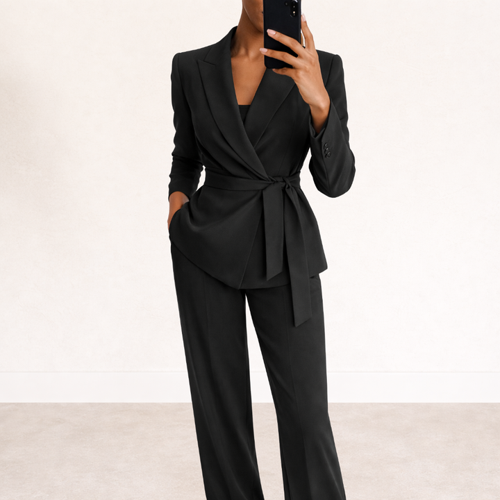 Comfortabele tweedelige dames outfit: brede pantalon en top met strikceintuur. Ideaal voor werk en vrije tijd.