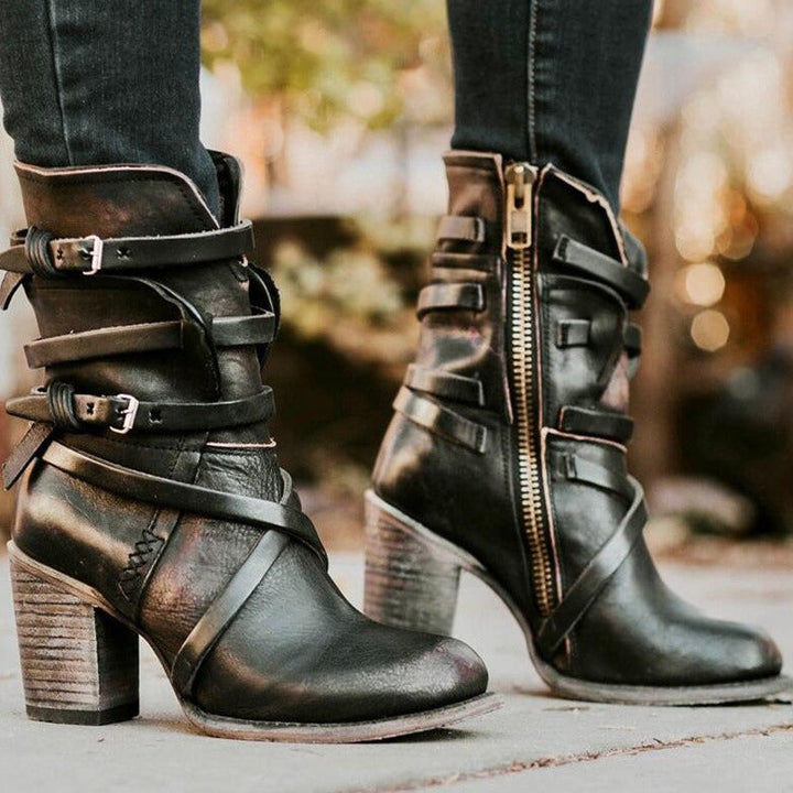 Nieuwe zwarte vintage leren enkellaarsjes voor dames, met stevige comfort hak
