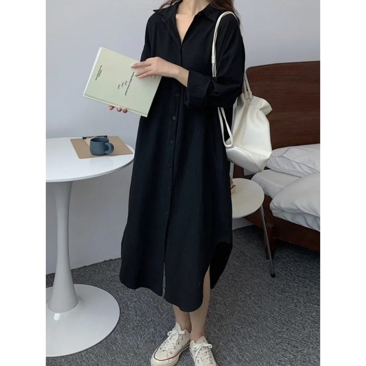 Dames vintage midi blousejurk met lange mouwen, elegant en comfortabel voor lente en zomer.