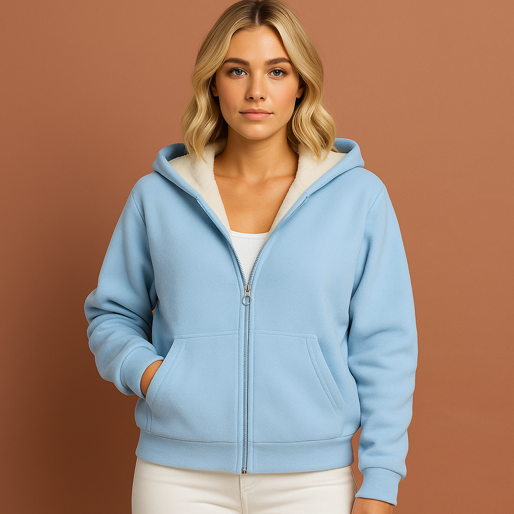 Dames warme hoodie met capuchon en rits, perfect voor casual winter comfort en herfstmode.