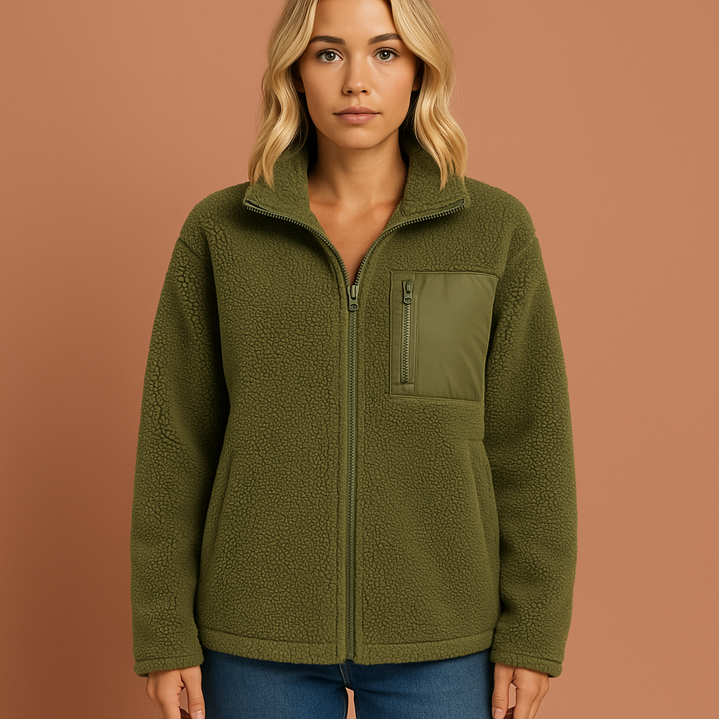 Dames warme teddy fleece jas met rits, ideaal als comfortabele winterjas of herfstjas.