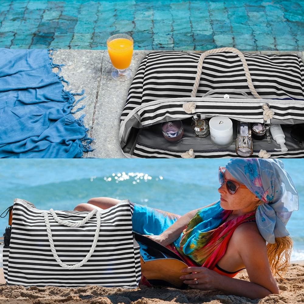 Gestreept design waterdichte strandtas, groot model inclusief handig reisetui voor je vakantie.