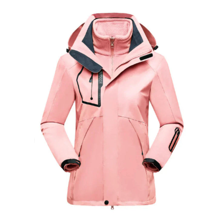 Close-up van de stof van de waterdichte dames winterjas, warm en perfect voor outdoor.