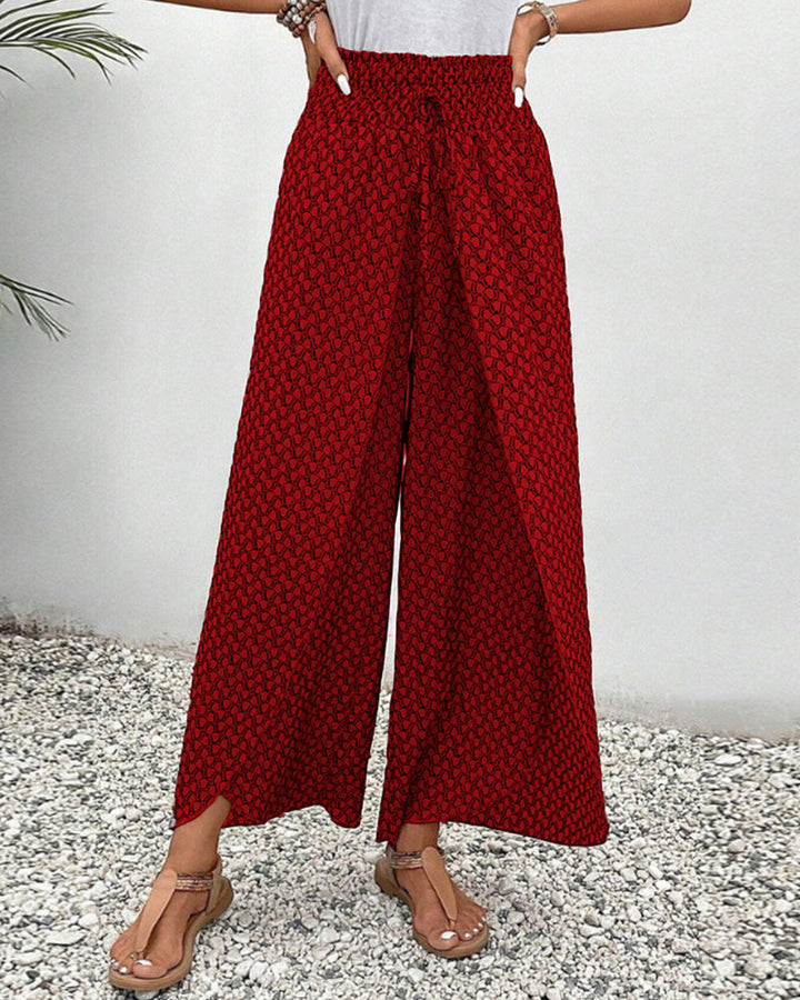 Chique dames wijde broek met comfortabele elastische taille en distinct geometrisch patroon, machinewasbaar.