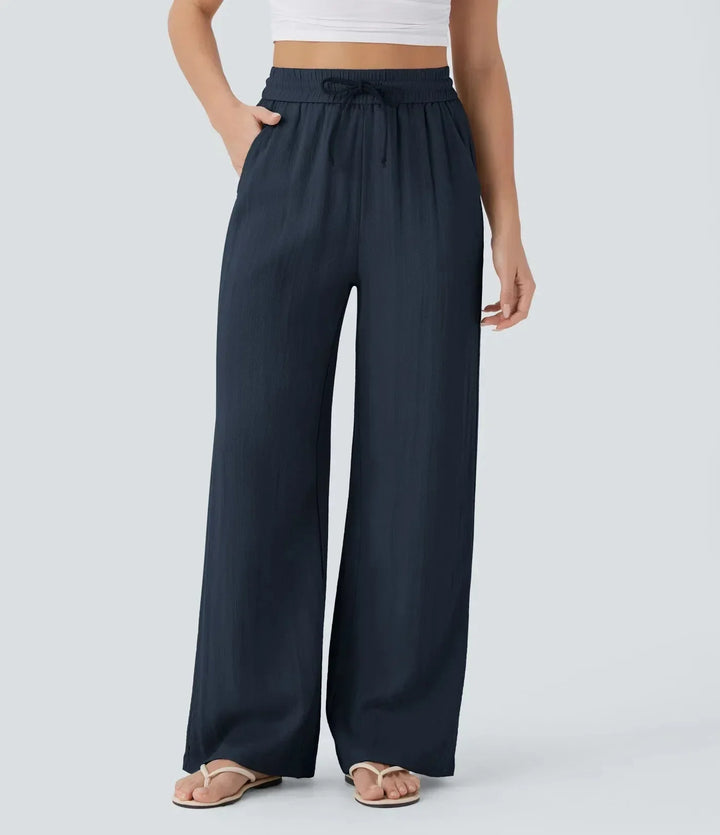 Casual dames wijde zomerbroek, perfect voor ontspannen dagen of als strandbroek, met praktische trekkoord.