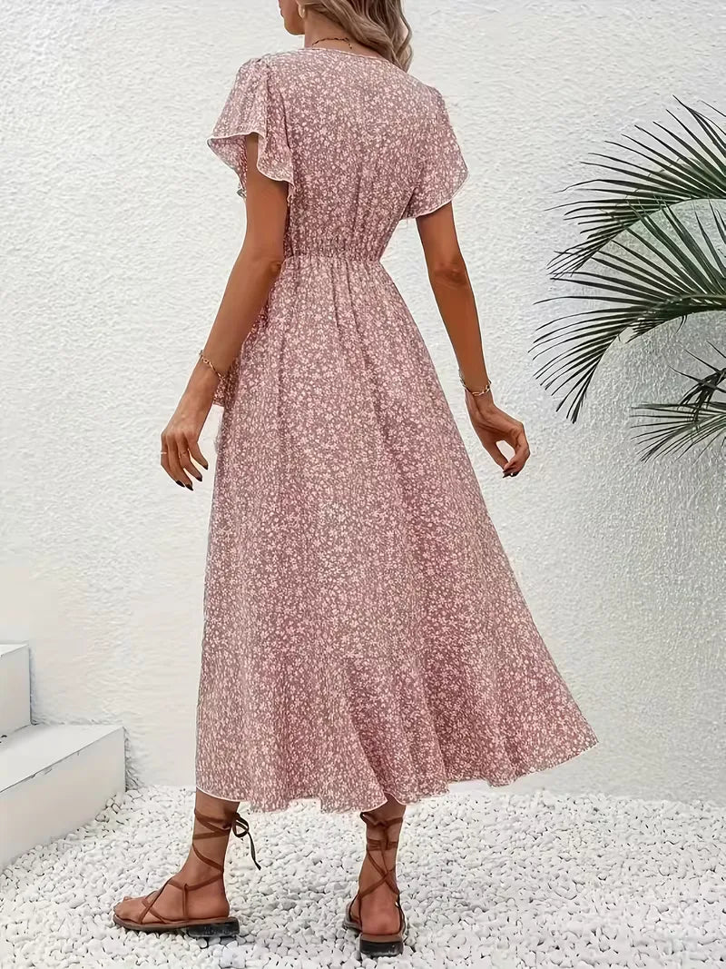 Levendige bloemenprint op deze dames wikkeljurk, perfect voor een stralende zomerse dag.