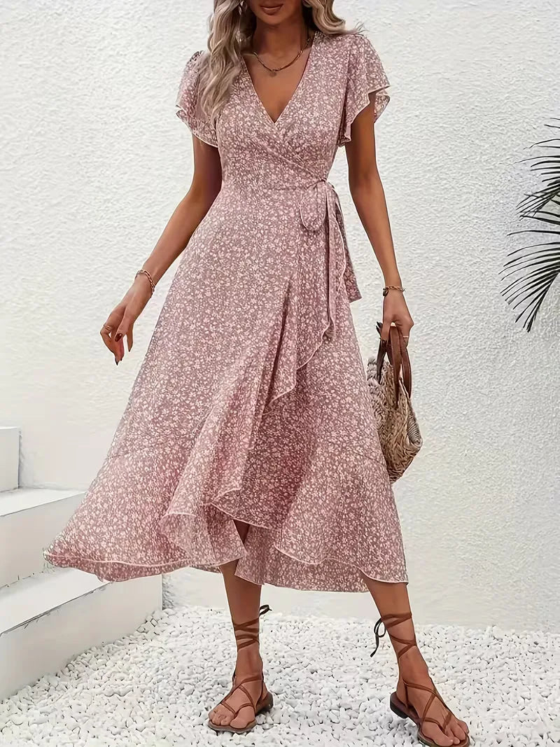 Boho wikkeljurk met bloemenprint en midi lengte, een trendy keuze voor dames.