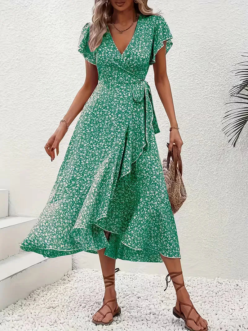 Elegante bloemenprint op deze dames wikkeljurk, perfect voor zomerse festiviteiten.