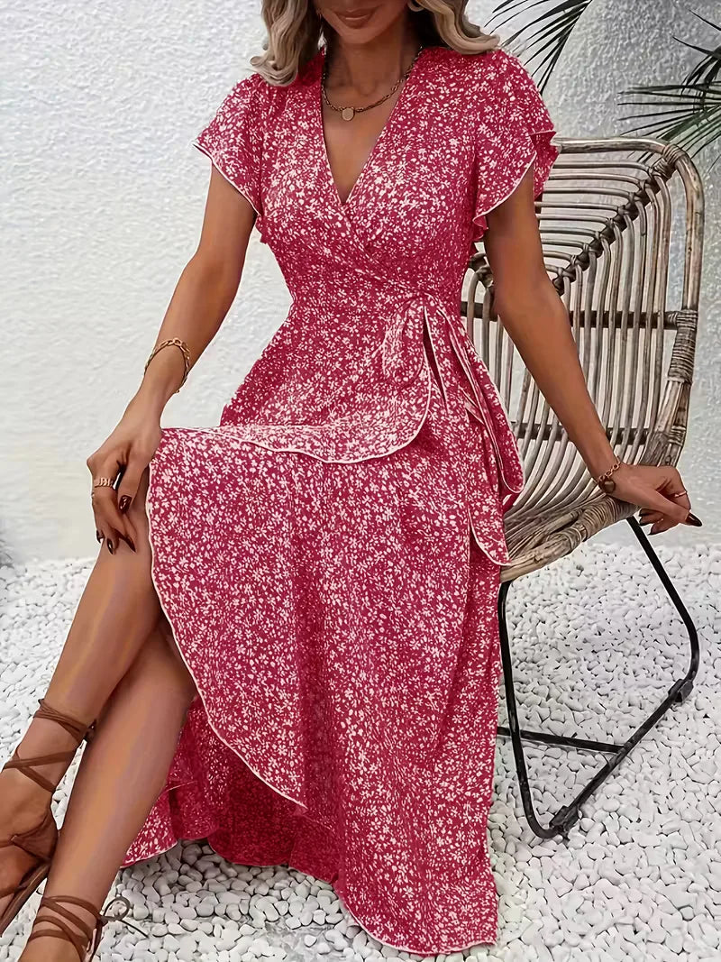 Trendy boho wikkeljurk met bloemenprint en midi lengte, een statement piece voor dames.