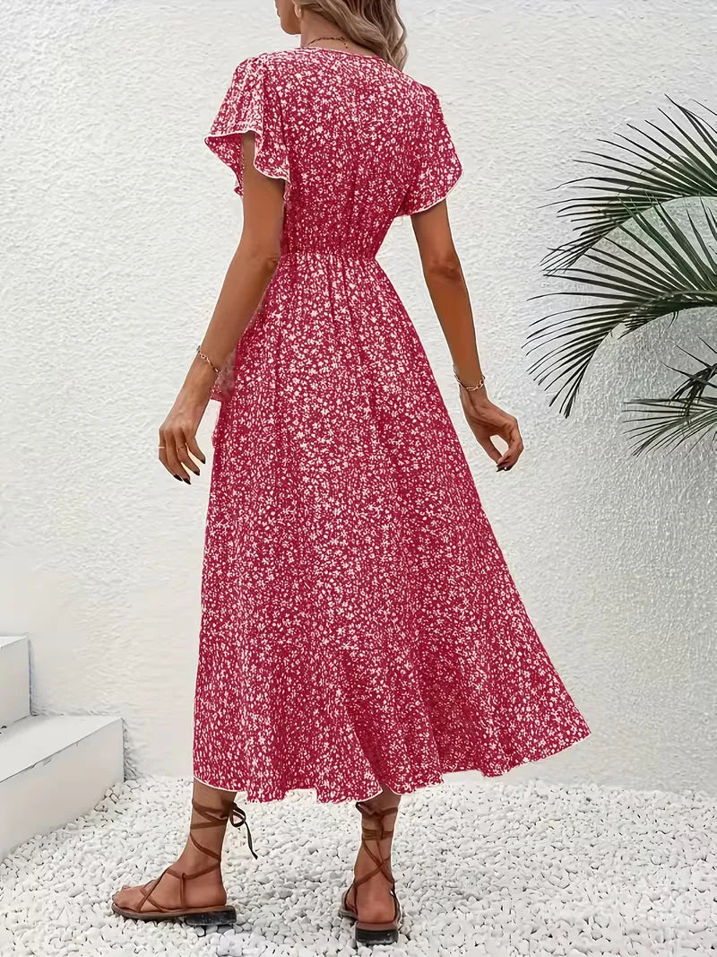 Dames wikkeljurk met bloemenprint, zomerse stijl, ideaal voor een relaxte vakantie.